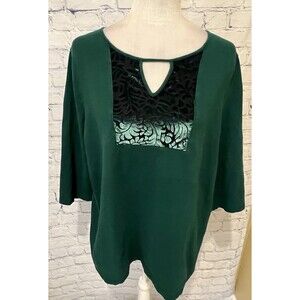 Catherines Tunic Shirt Green Floral Velvet Panel Keyhole Neck 3/4 Sleeve 14/16W